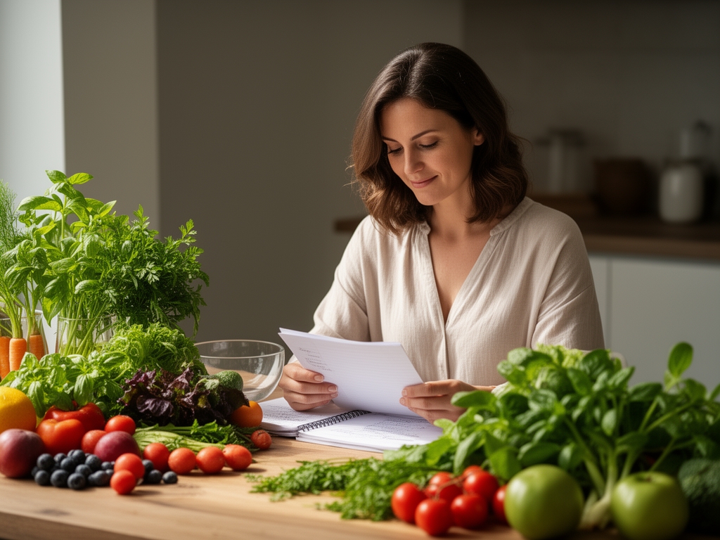 Kobieta siedząca przy stole pełnym świeżych składników i roślin, czytająca notatki – naturalne, spokojne studio z miękkim bocznym oświetleniem symbolizujące badania i systematyzację wiedzy o dobrostanie
