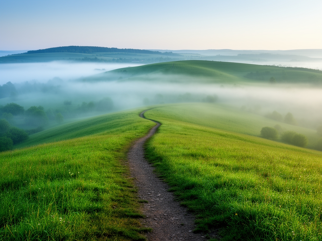 Panoramiczny widok na zielone wzgórza pokryte ranną mgłą, ścieżka prowadząca w głąb krajobrazu, spokojne i harmonijne ujęcie symbolizujące drogę do dobrostanu