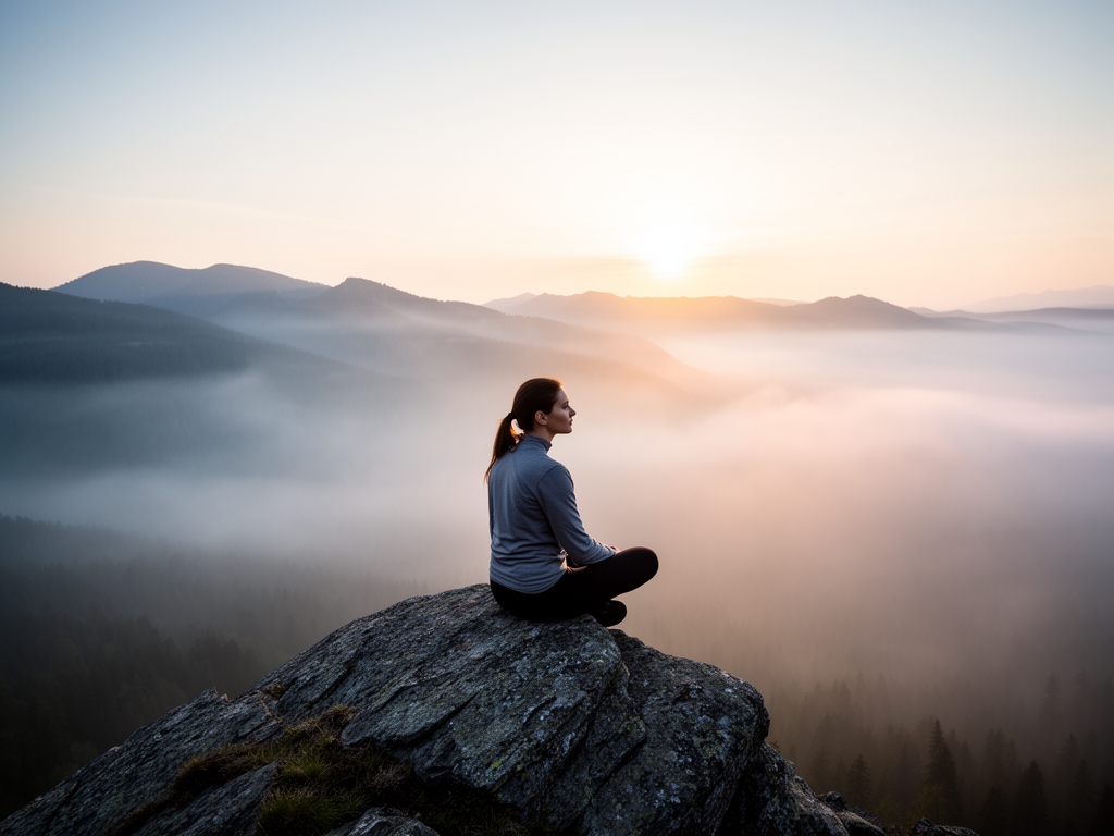 Spokojna osoba siedząca na skale pośród górskiego pejzażu o świcie, otoczona mgłą i miękkimi promieniami wschodzącego słońca, symbolizująca refleksję i wewnętrzną równowagę