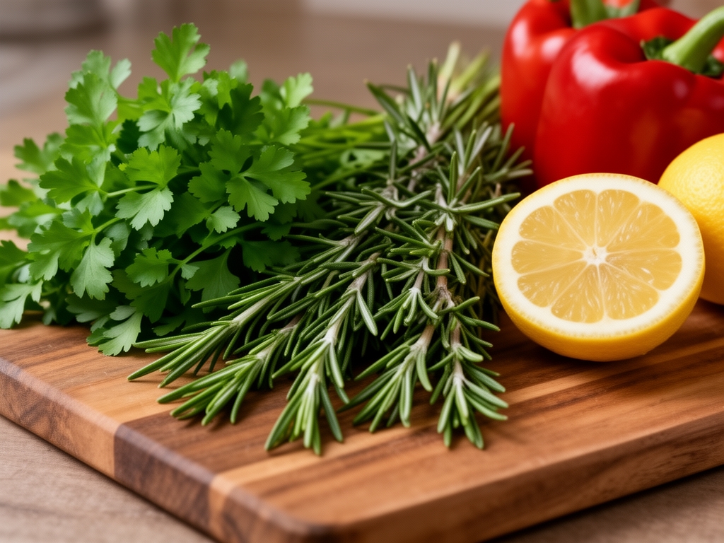 Zbliżenie na ułożone świeże zioła i warzywa na drewnianej desce: natka pietruszki, rozmaryn, cytryna, papryka – naturalne składniki zdrowej diety