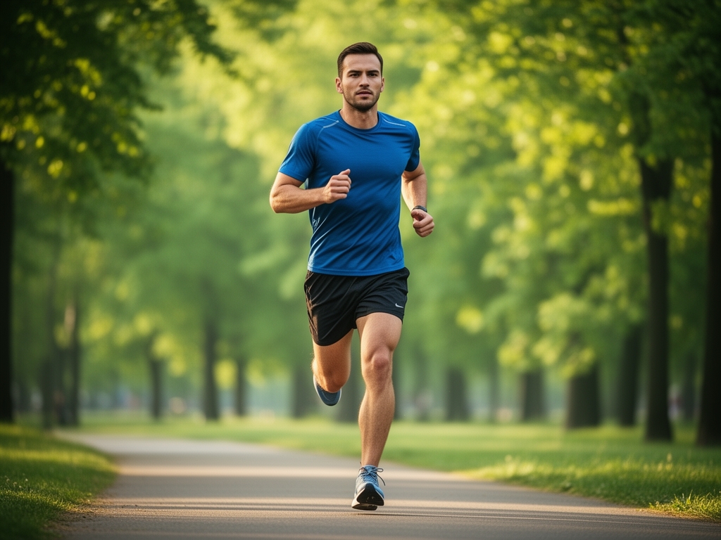 Mężczyzna biegający o poranku przez park, dynamiczne ujęcie, miękkie światło, zielone tło drzew – symbolika energii i witalności